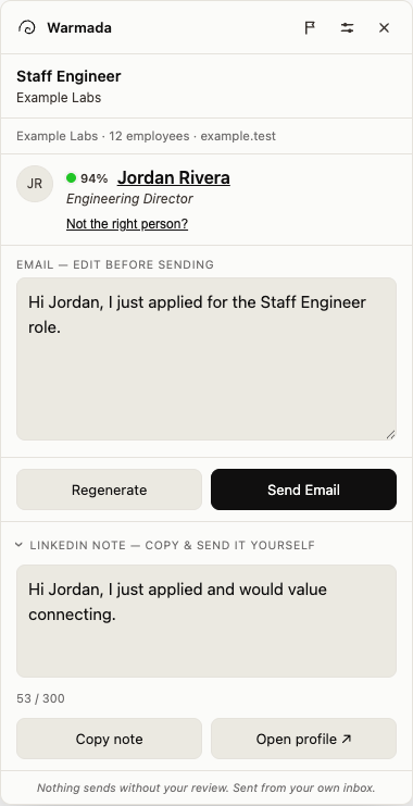 Warmada review panel with a suggested contact, editable email draft, and Send Email button